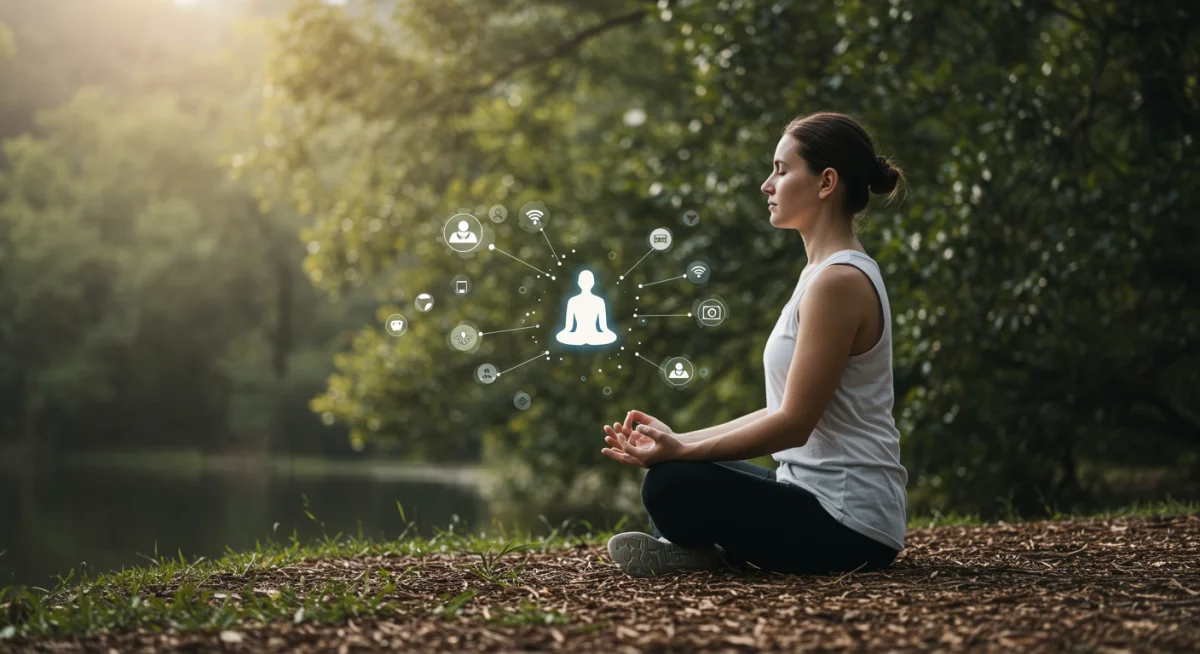 Individual meditating amidst subtle digital elements, promoting mental clarity