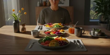 Person practicing mindful eating with a healthy meal, future 2026