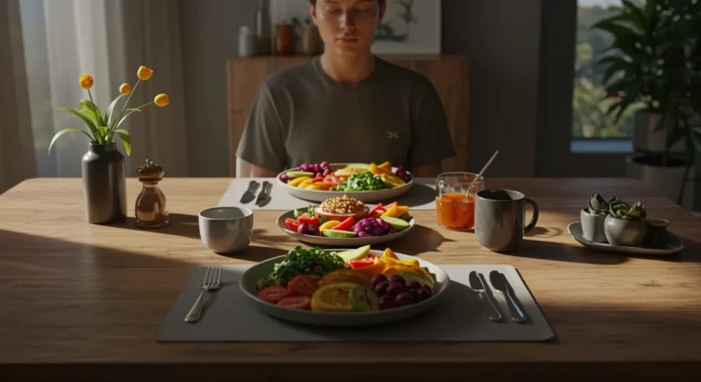Person practicing mindful eating with a healthy meal, future 2026
