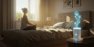 Person meditating in a sunlit room, symbolizing a mindful morning routine for sustained energy and focus.