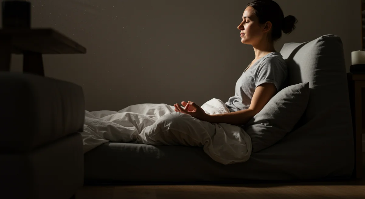 Person meditating in dimly lit room, practicing mindfulness for sleep.