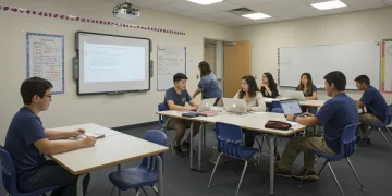 Diverse students engaged in a modern classroom with interactive technology, symbolizing improved K-12 education.