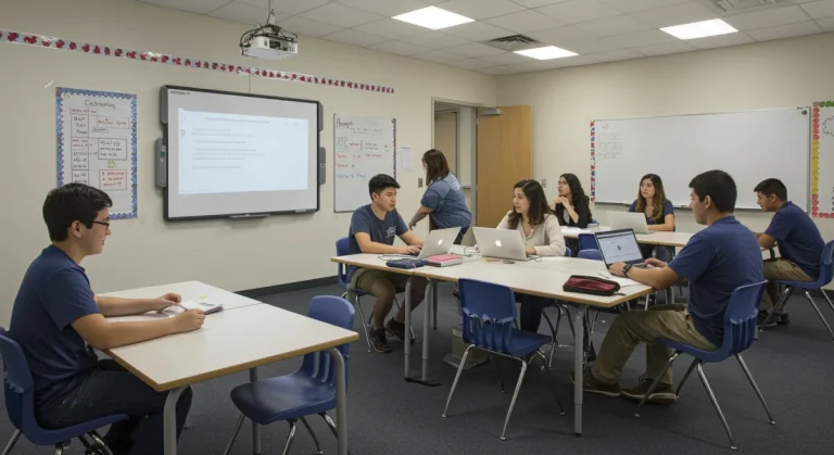 Diverse students engaged in a modern classroom with interactive technology, symbolizing improved K-12 education.