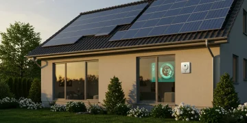 Modern home with solar panels and energy-efficient windows