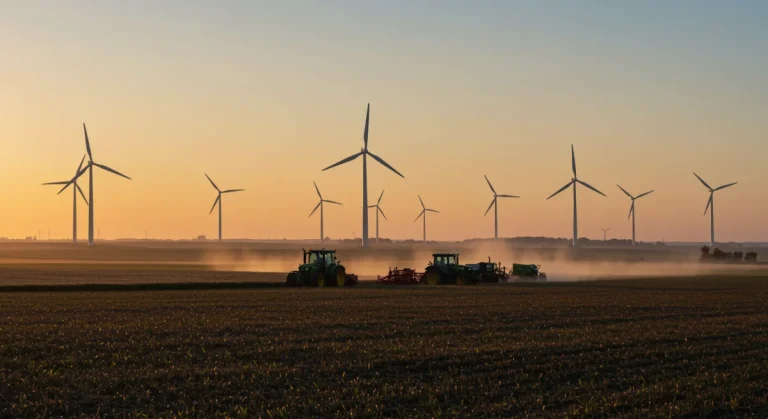 Modern farm with tractors and wind turbines at sunrise