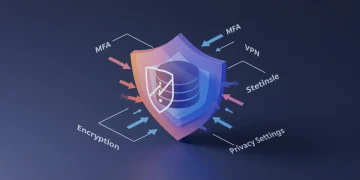 Infographic depicting multi-layered digital defense with encryption, MFA, VPN, and privacy settings.