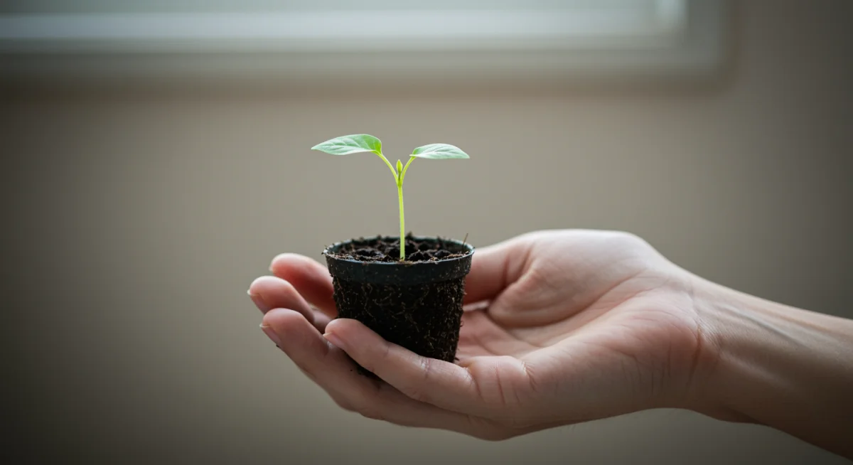 Hand nurturing a small plant, symbolizing the growth of micro-habits.