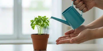 Person watering a small green plant, symbolizing nurturing sustainable habits for growth.