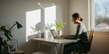 Optimized home office with natural light and plants for mood and productivity