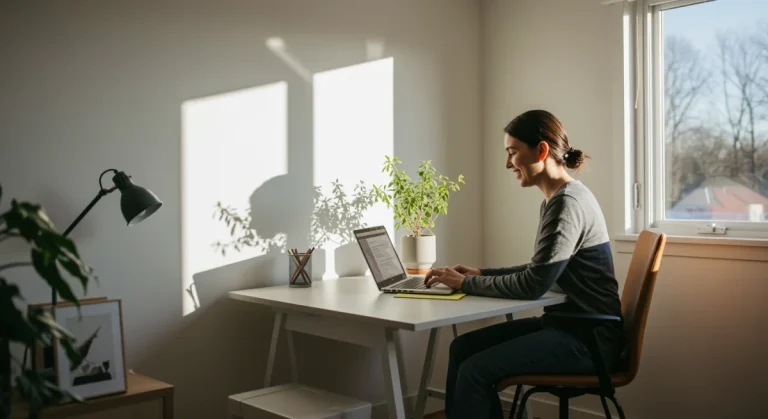 Optimized home office with natural light and plants for mood and productivity