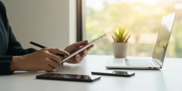 Organized desk with laptop, tablet, and smartphone, symbolizing digital decluttering.