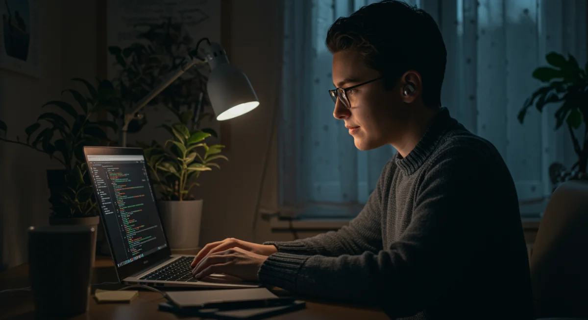 Person coding with intense focus and enjoyment