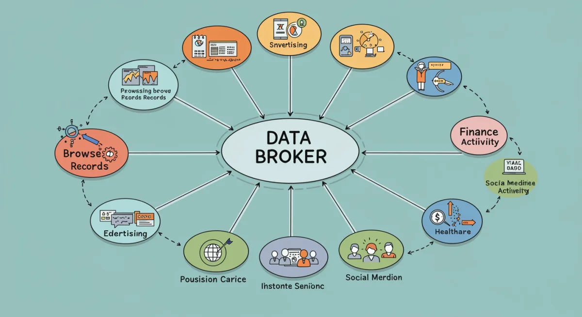 Infographic depicting the flow of personal data from users to data brokers and then to various industries.