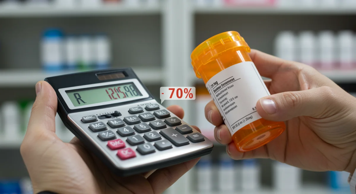 Hand holding prescription bottle with calculator showing cost savings