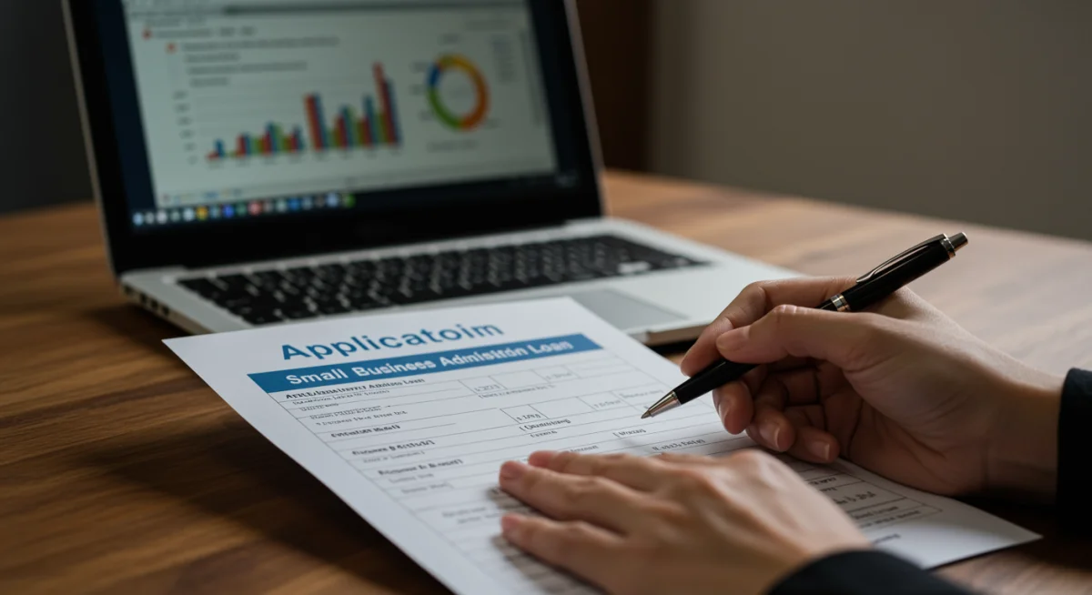 Detailed view of an entrepreneur meticulously filling out an SBA loan application form.