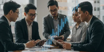 Diverse small business owners analyzing SBA loan program updates for Q1 2026 in a modern office.