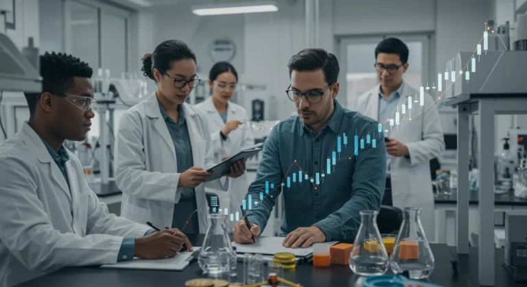 Entrepreneurs collaborating on innovation with SBIR grant funding