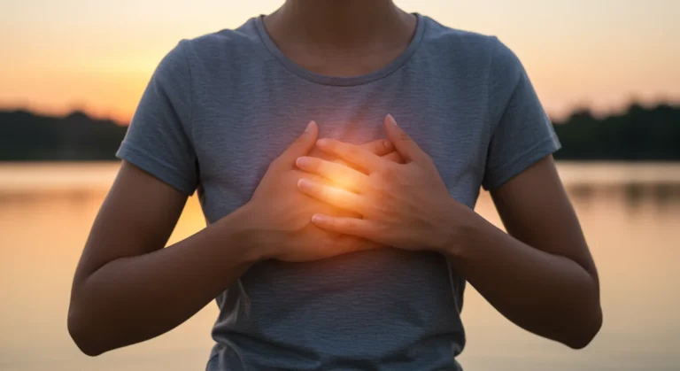 Person practicing self-compassion with hands over heart, radiating peace