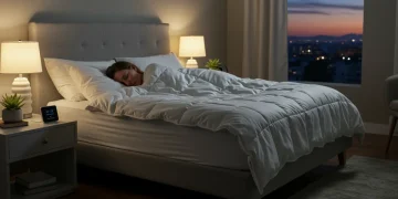 Serene bedroom with person sleeping deeply under weighted blanket, smart sleep tracker visible.