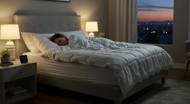 Serene bedroom with person sleeping deeply under weighted blanket, smart sleep tracker visible.