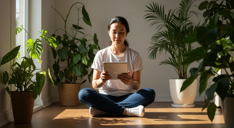 Person enjoying a serene digital declutter experience in 2026, focusing on well-being