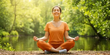 Person meditating in a serene natural environment, symbolizing improved well-being and inner peace.