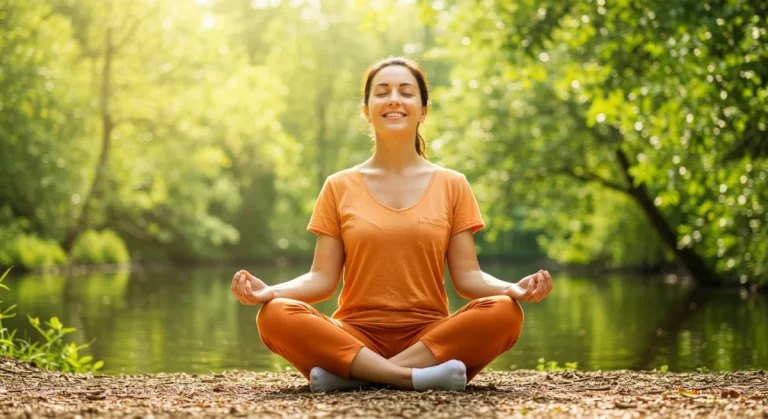 Person meditating in a serene natural environment, symbolizing improved well-being and inner peace.