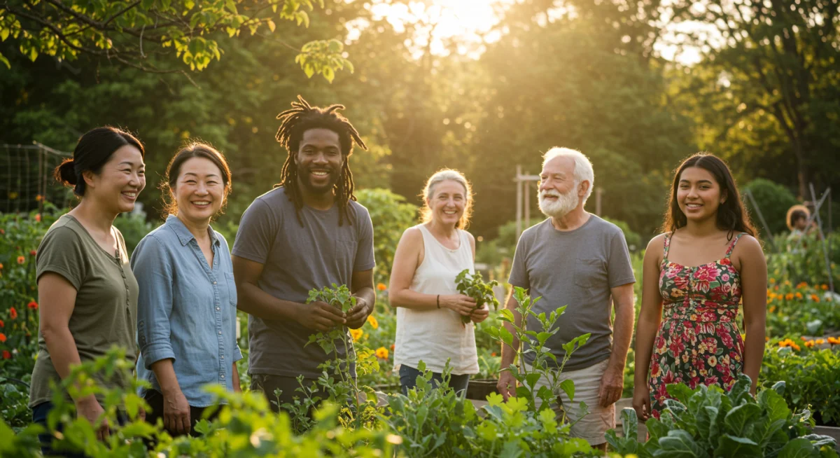 Diverse people expressing gratitude and connection in a park