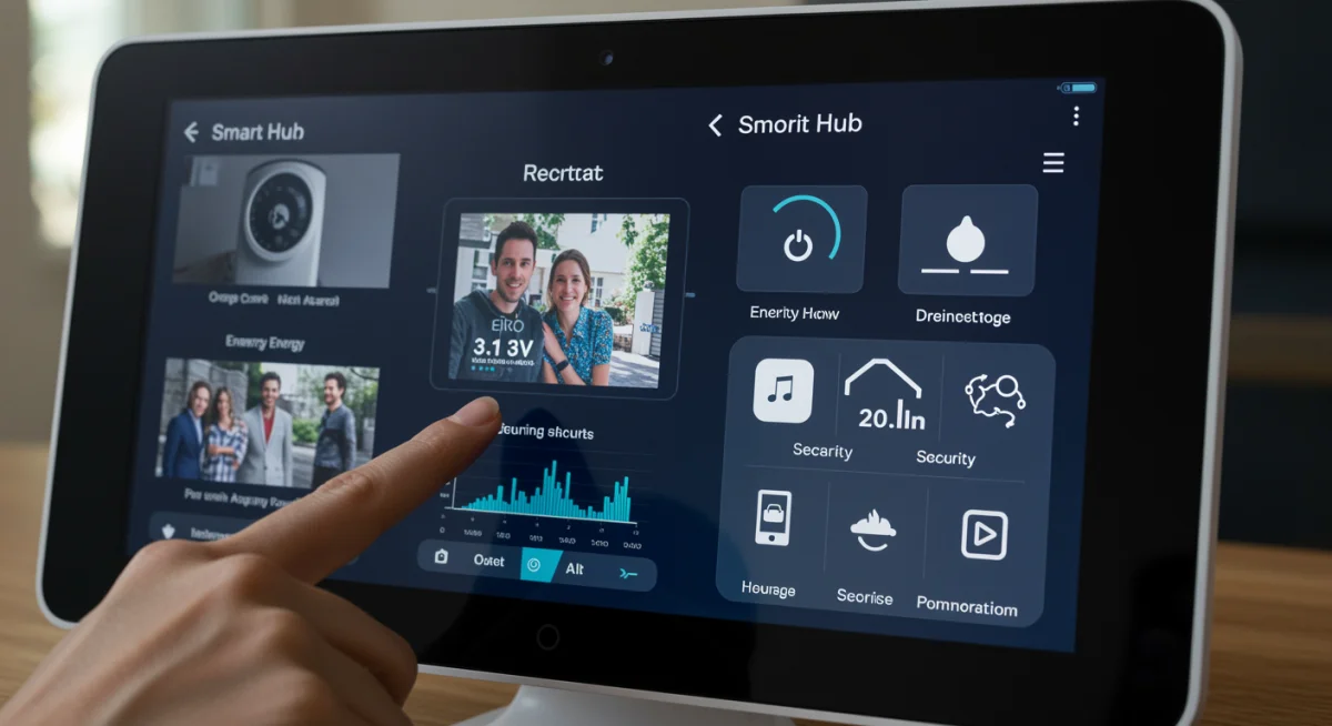 Smart home central hub displaying integrated device data and controls