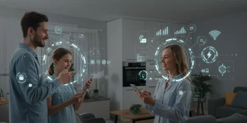 Family using smart home devices to monitor and reduce energy consumption