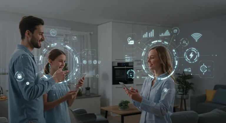 Family using smart home devices to monitor and reduce energy consumption