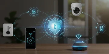 Smart home living room with glowing security icons