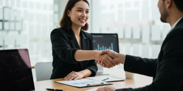 Professional woman shaking hands with manager after successful salary negotiation in a modern office.
