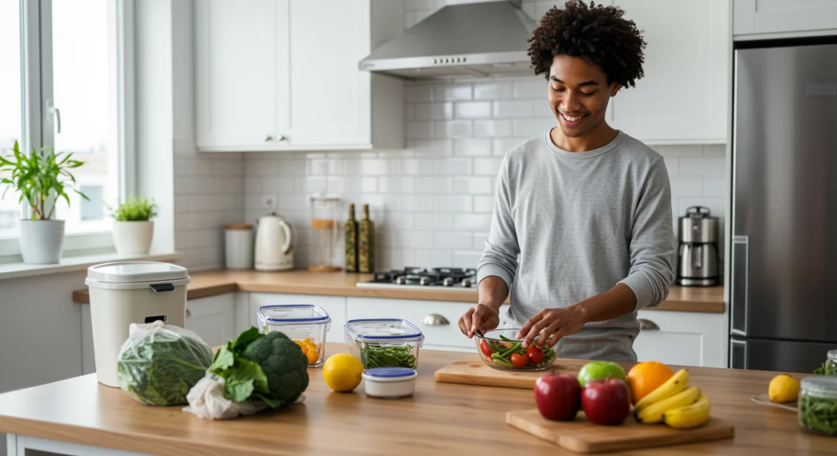 Person preparing healthy meal in a modern, eco-friendly kitchen, illustrating sustainable food habits.
