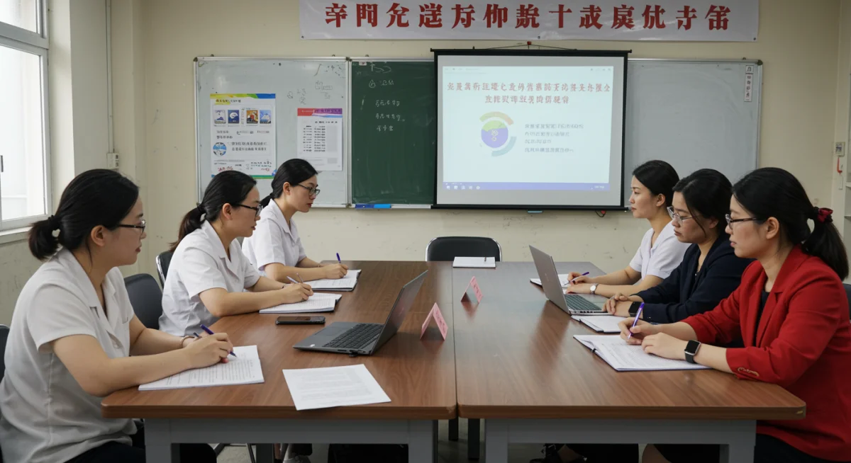 Teachers collaborating in a professional development workshop, discussing educational technology and new teaching methods.