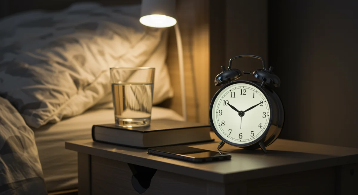 Alarm clock on bedside table, no phone