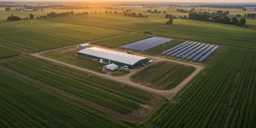 Thriving American farm with modern infrastructure and sustainable practices under a sunrise sky.