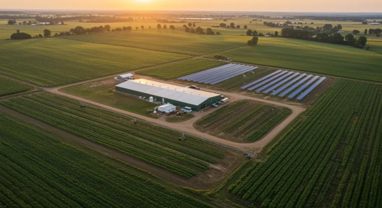 Thriving American farm with modern infrastructure and sustainable practices under a sunrise sky.