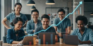 US freelancers collaborating in a modern co-working space, illustrating growth in the gig economy.