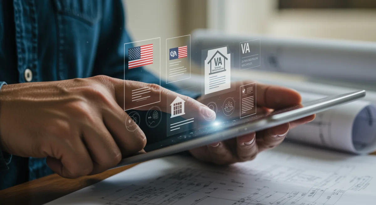 Veteran reviewing digital VA housing loan application details on a tablet