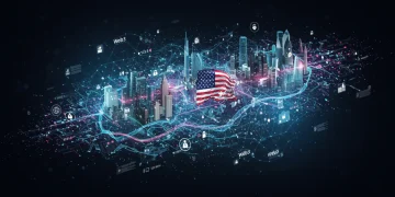 Futuristic Web3 network with interconnected nodes and data streams in the United States