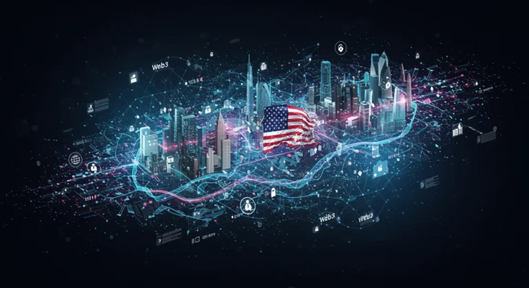 Futuristic Web3 network with interconnected nodes and data streams in the United States