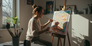 Woman painting in a bright studio, expressing creativity and joy