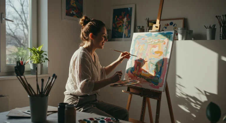 Woman painting in a bright studio, expressing creativity and joy