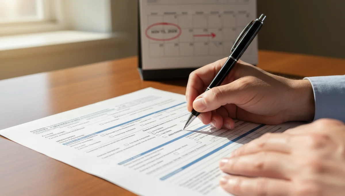 Detailed view of hands completing a federal disability application form