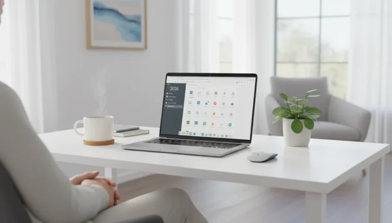 Woman finding peace with organized digital life on laptop in 2026