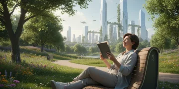 Person enjoying a book outdoors, away from screens, in a peaceful park setting.