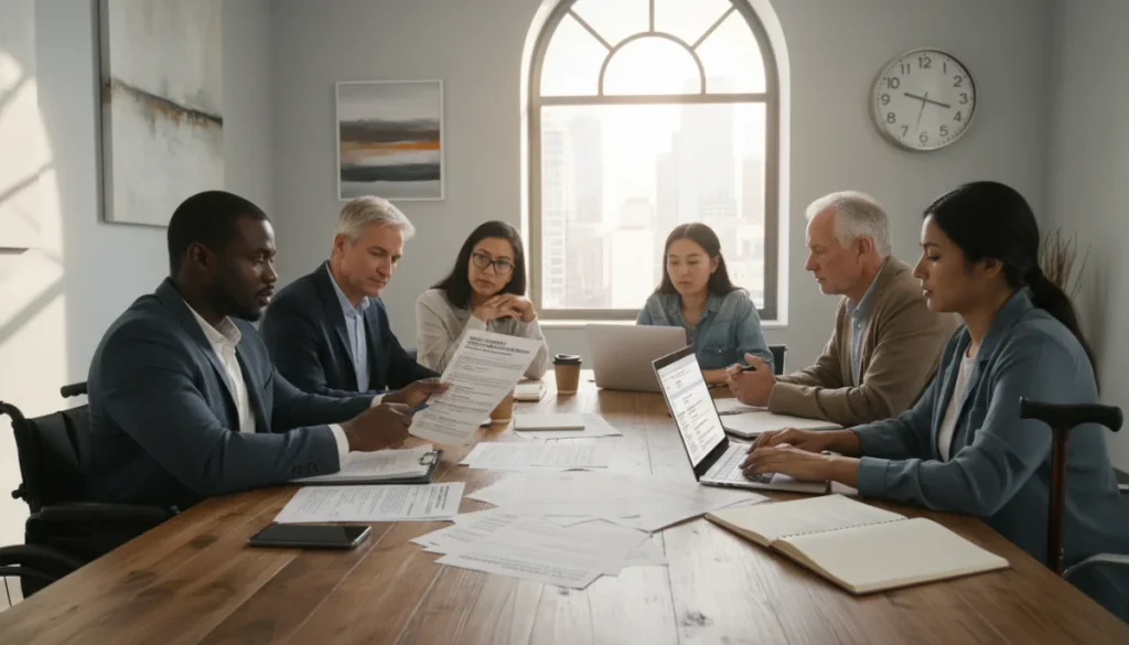 Group collaborating on federal disability benefit application forms for 2026