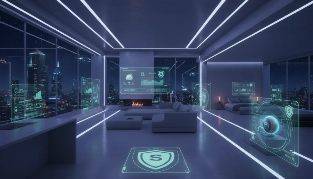 Futuristic smart home interior with advanced security features and connected devices