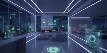 Futuristic smart home interior with advanced security features and connected devices
